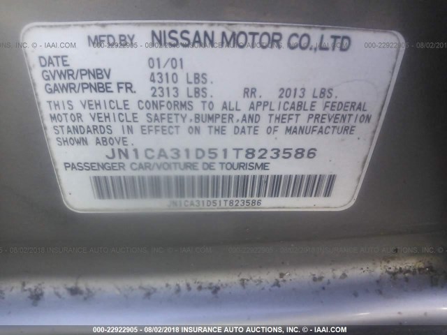 JN1CA31D51T823586 - 2001 NISSAN MAXIMA GXE/SE/GLE/20TH ANNIV SILVER photo 9