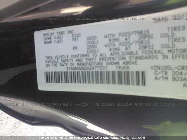 4TASN92N2XZ477537 - 1999 TOYOTA TACOMA XTRACAB PRERUNNER შავი ფოტო 9