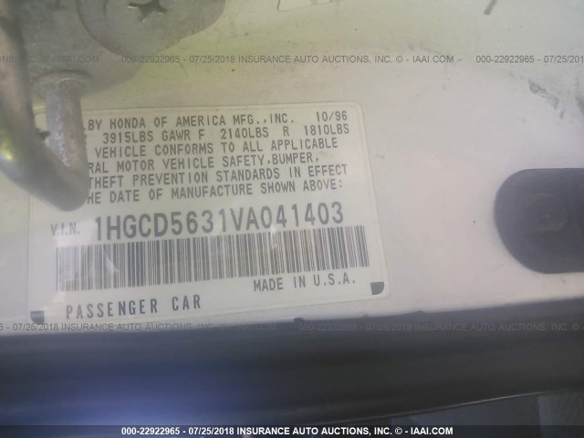 1HGCD5631VA041403 - 1997 HONDA ACCORD LX/EX WHITE photo 9