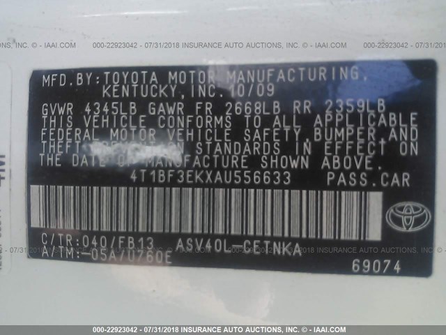 4T1BF3EKXAU556633 - 2010 TOYOTA CAMRY SE/LE/XLE თეთრი ფოტო 9