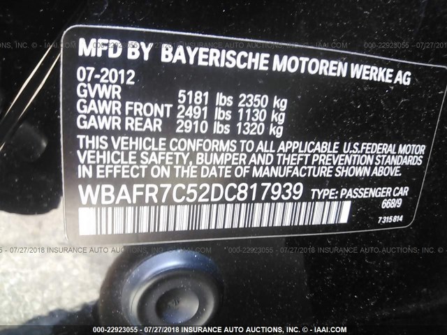 WBAFR7C52DC817939 - 2013 BMW 535 I BLACK photo 9