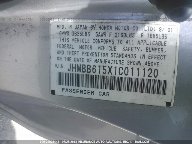 JHMBB615X1C011120 - 2001 HONDA PRELUDE SH SILVER photo 9