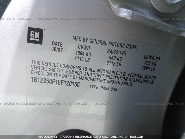 1G1ZS58F18F120155 - 2008 CHEVROLET MALIBU LS GRAY photo 9