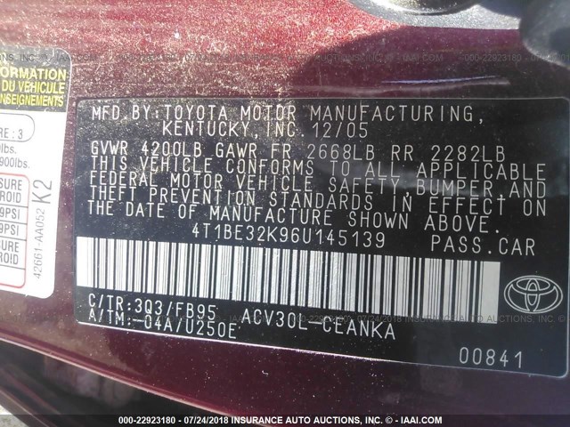 4T1BE32K96U145139 - 2006 TOYOTA CAMRY LE/XLE/SE 勃艮第红 照片 9