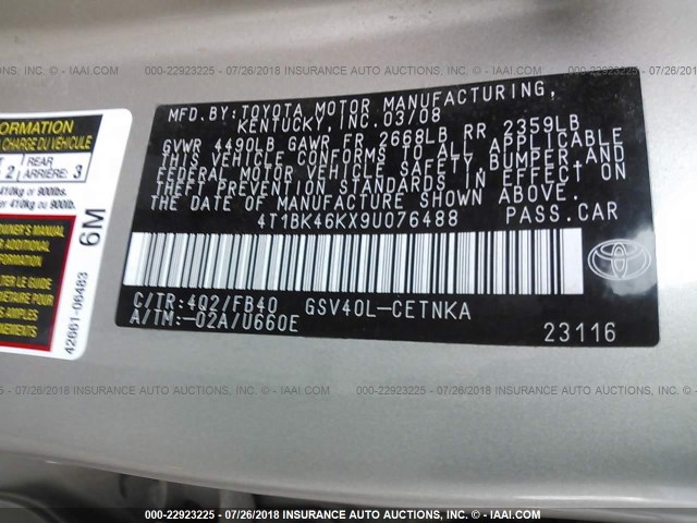 4T1BK46KX9U076488 - 2009 TOYOTA CAMRY SE/LE/XLE Champagne photo 9