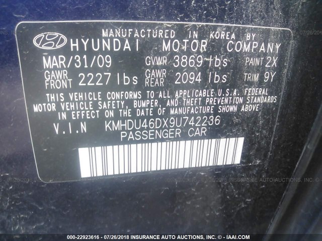 KMHDU46DX9U742236 - 2009 HYUNDAI ELANTRA GLS/SE BLUE photo 9