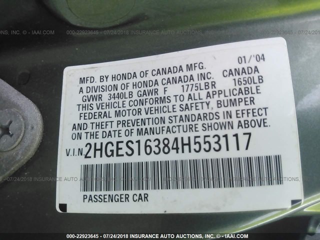 2HGES16384H553117 - 2004 HONDA CIVIC DX VP 绿色 照片 9