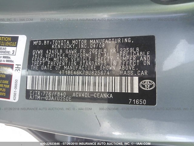 4T1BE46K79U825674 - 2009 TOYOTA CAMRY SE/LE/XLE Light Blue photo 9