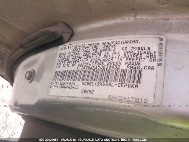 4T1BG22K1YU630432 - 2000 TOYOTA CAMRY CE/LE/XLE 银色 照片 9