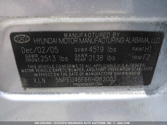 5NPEU46F66H082003 - 2006 HYUNDAI SONATA GLS/LX Light Blue photo 9