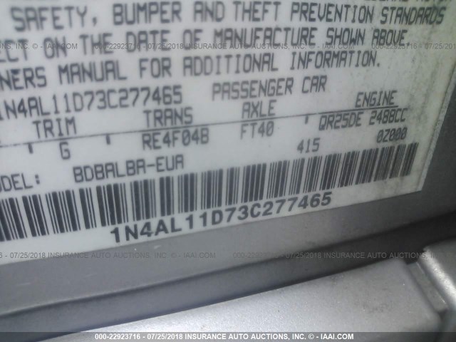 1N4AL11D73C277465 - 2003 NISSAN ALTIMA S/SL SILVER photo 9