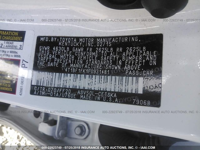 4T1BF1FK1FU931481 - 2015 TOYOTA CAMRY LE/XLE/SE/XSE 白色 照片 9