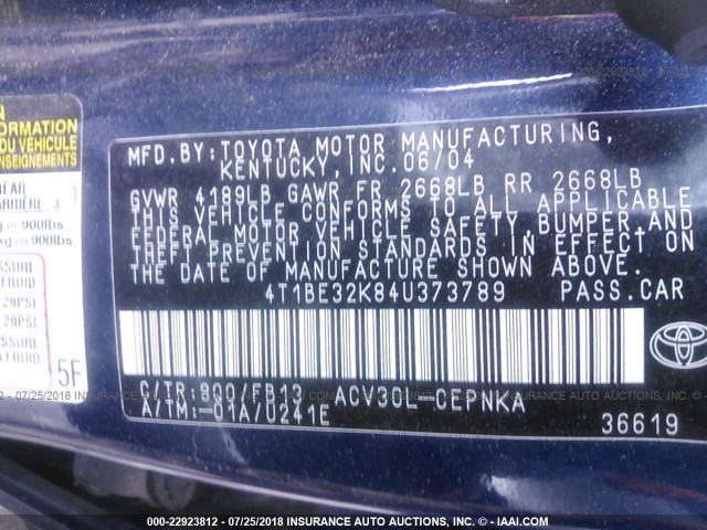 4T1BE32K84U373789 - 2004 TOYOTA CAMRY LE/XLE/SE Mavi foto 9