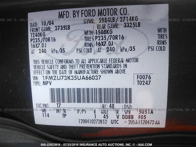 1FMZU73K35UA66037 - 2005 FORD EXPLORER XLT/XLT SPORT/NBX 灰色 照片 9