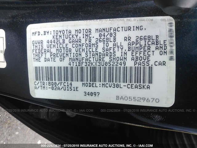 4T1BF32KX3U052249 - 2003 TOYOTA CAMRY LE/XLE/SE Mavi foto 9