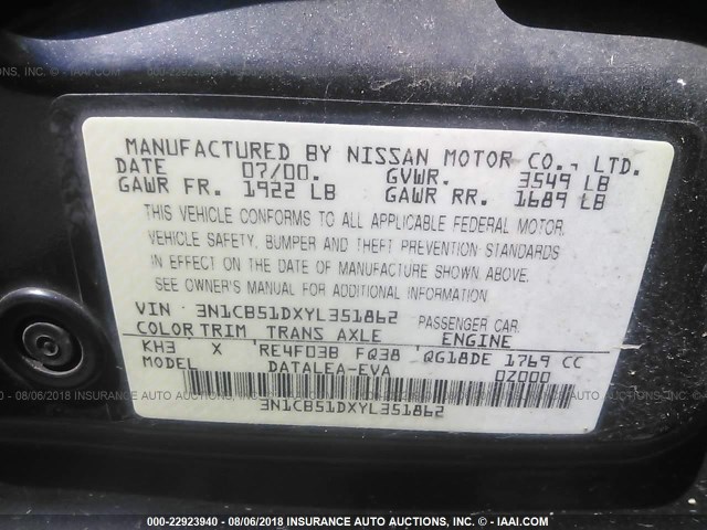 3N1CB51DXYL351862 - 2000 NISSAN SENTRA XE/GXE BLACK photo 9