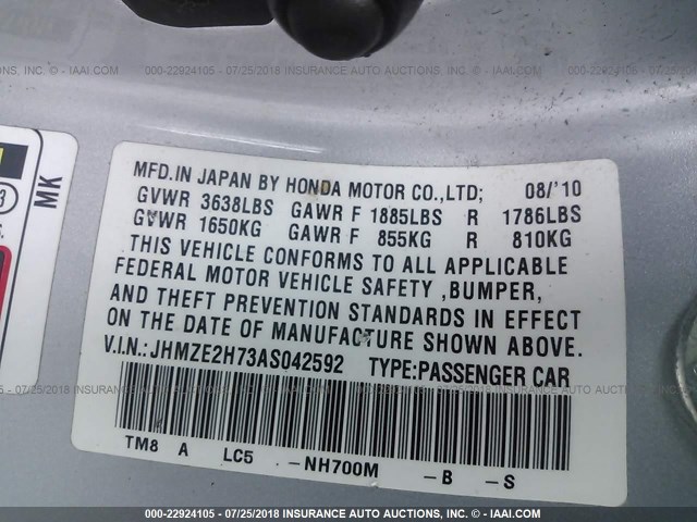 JHMZE2H73AS042592 - 2010 HONDA INSIGHT EX SILVER photo 9