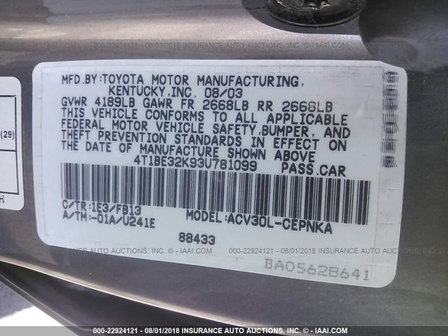 4T1BE32K93U781099 - 2003 TOYOTA CAMRY LE/XLE/SE Алтын фото 9