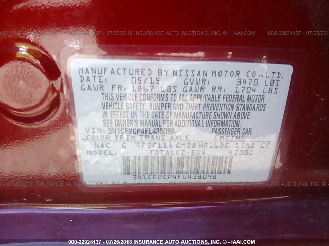 3N1CE2CP4FL438098 - 2015 NISSAN VERSA NOTE S/S PLUS/SV/SL/SR RED photo 9