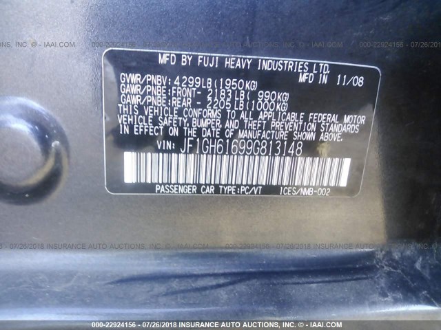 JF1GH61699G813148 - 2009 SUBARU IMPREZA 2.5I GRAY photo 9