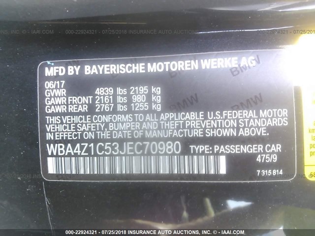 WBA4Z1C53JEC70980 - 2018 BMW 430I BLACK photo 9
