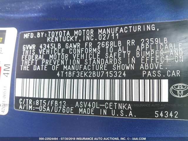 4T1BF3EK2BU715324 - 2011 TOYOTA CAMRY SE/LE/XLE ლურჯი ფოტო 9