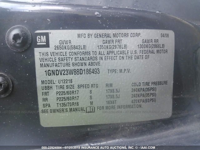 1GNDV23W88D186493 - 2008 CHEVROLET UPLANDER LS Light Blue photo 9