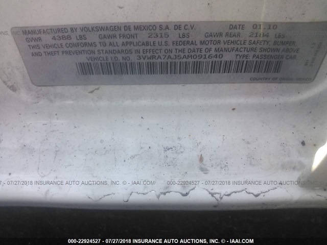 3VWRA7AJ5AM091640 - 2010 VOLKSWAGEN JETTA WOLFSBURG 白色 照片 8