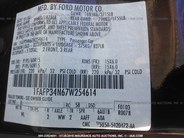 1FAFP34N67W254614 - 2007 FORD FOCUS ZX4/S/SE/SES 红色 照片 9