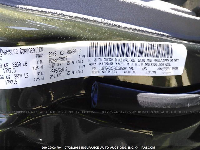 1J8HG48K57C598390 - 2007 JEEP COMMANDER GREEN photo 9