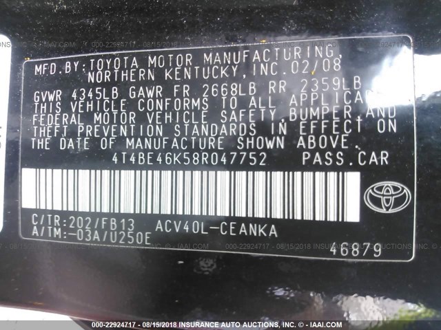 4T4BE46K58R047752 - 2008 TOYOTA CAMRY CE/LE/XLE/SE BLACK photo 9