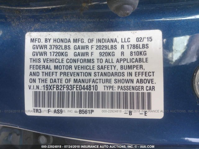 19XFB2F93FE044810 - 2015 HONDA CIVIC EXL BLUE photo 9