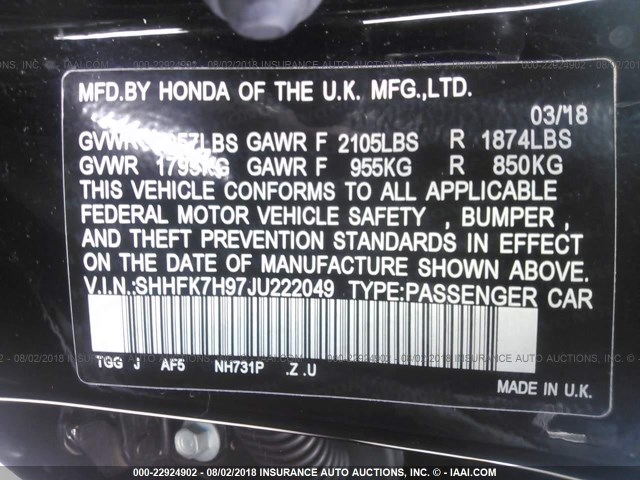 SHHFK7H97JU222049 - 2018 HONDA CIVIC SPORT TOURING BLACK photo 9