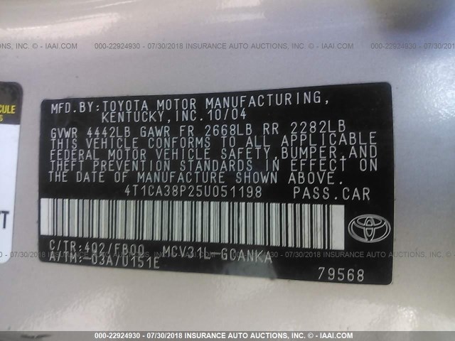 4T1CA38P25U051198 - 2005 TOYOTA CAMRY SOLARA SE/SLE Qızıl foto 9