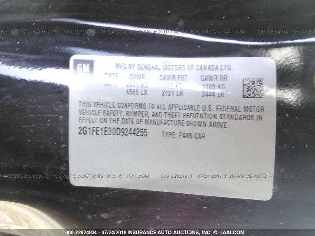 2G1FE1E30D9244255 - 2013 CHEVROLET CAMARO LS BLACK photo 9