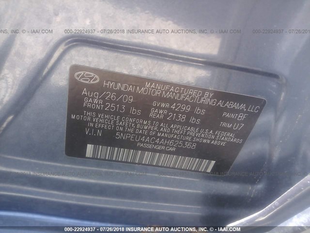 5NPEU4AC4AH625368 - 2010 HYUNDAI SONATA SE/LIMITED GRAY photo 9