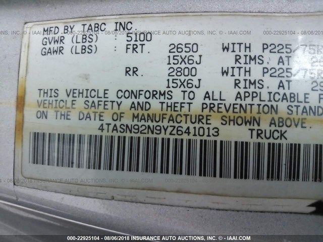 4TASN92N9YZ641013 - 2000 TOYOTA TACOMA XTRACAB PRERUNNER ვერცხლისფერი ფოტო 9