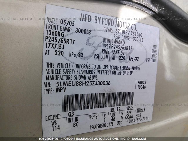 5LMEU88H25ZJ30036 - 2005 LINCOLN AVIATOR 金色 照片 9