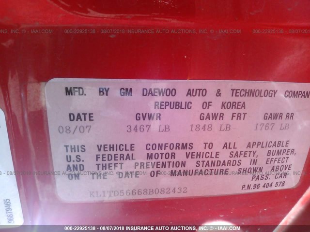KL1TD56668B082432 - 2008 CHEVROLET AVEO LS RED photo 9