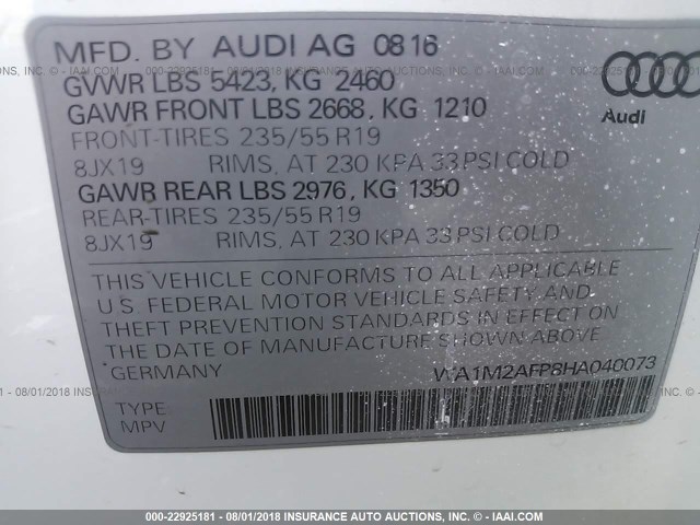 WA1M2AFP8HA040073 - 2017 AUDI Q5 PREMIUM PLUS WHITE photo 9