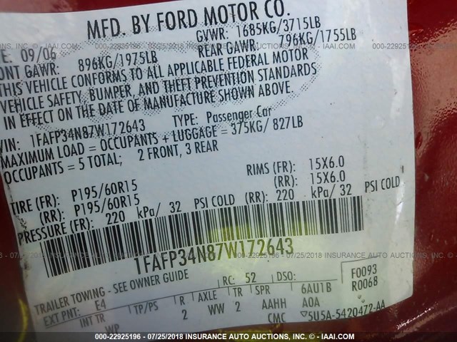 1FAFP34N87W172643 - 2007 FORD FOCUS ZX4/S/SE/SES 红色 照片 9