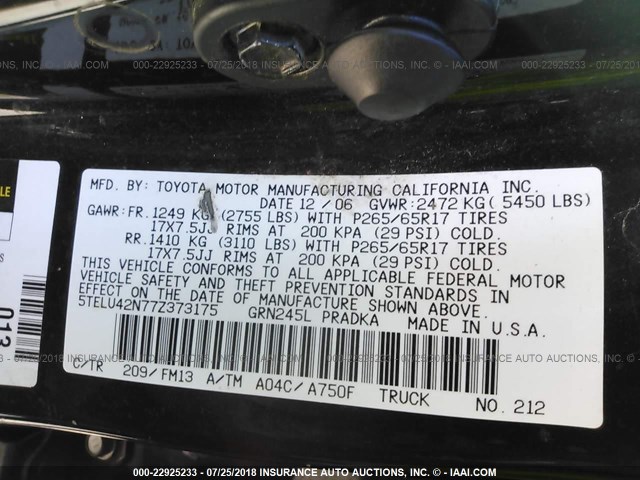 5TELU42N77Z373175 - 2007 TOYOTA TACOMA DOUBLE CAB BLACK photo 9