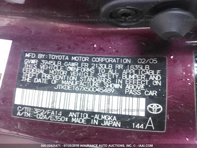 JTKDE167X50045489 - 2005 TOYOTA SCION TC PURPLE photo 9