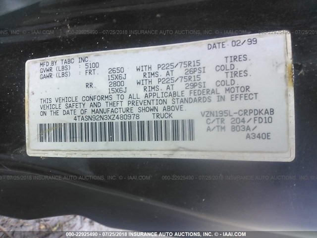 4TASN92N3XZ480978 - 1999 TOYOTA TACOMA XTRACAB PRERUNNER შავი ფოტო 9