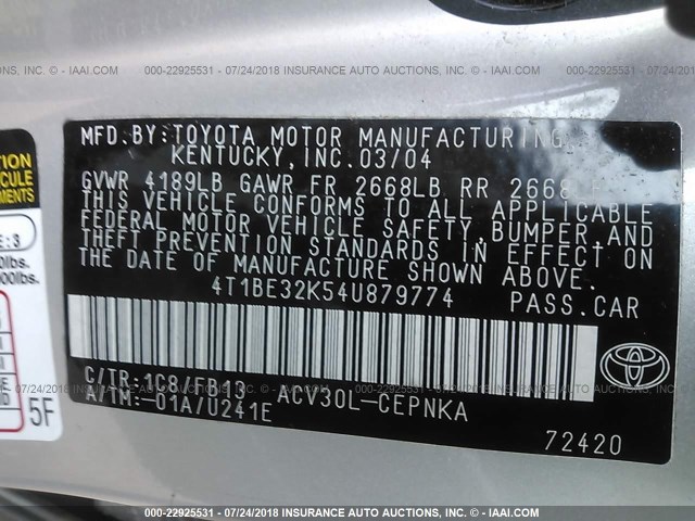 4T1BE32K54U879774 - 2004 TOYOTA CAMRY LE/XLE/SE Gümüş foto 9