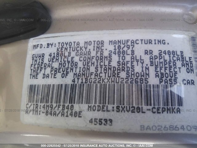 4T1BG22KXWU222685 - 1998 TOYOTA CAMRY CE/LE/XLE 银色 照片 9