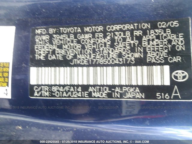 JTKDE177850043173 - 2005 TOYOTA SCION TC 蓝色 照片 9