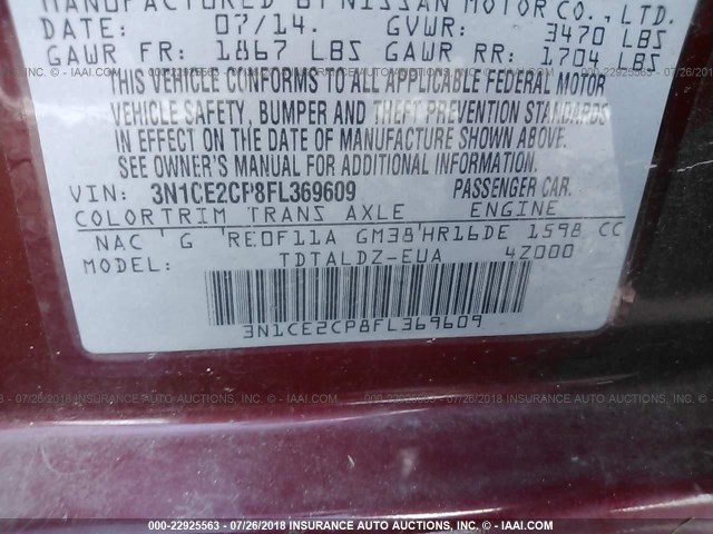 3N1CE2CP8FL369609 - 2015 NISSAN VERSA NOTE S/S PLUS/SV/SL/SR RED photo 9