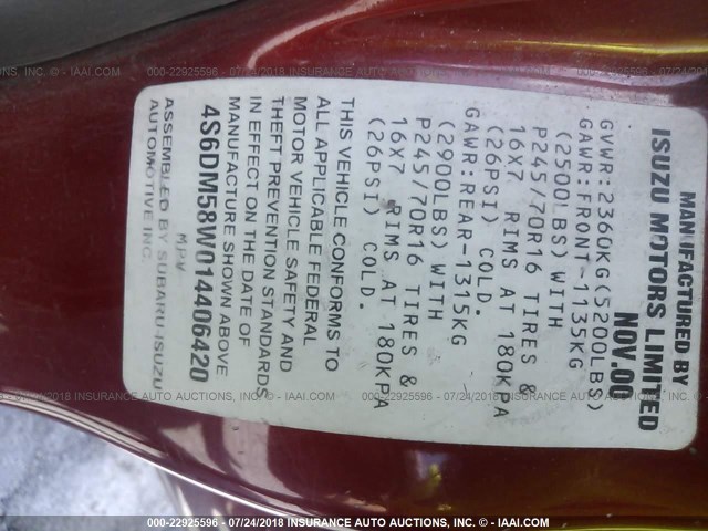 4S6DM58W014406420 - 2001 HONDA PASSPORT EX/LX 勃艮第红 照片 9