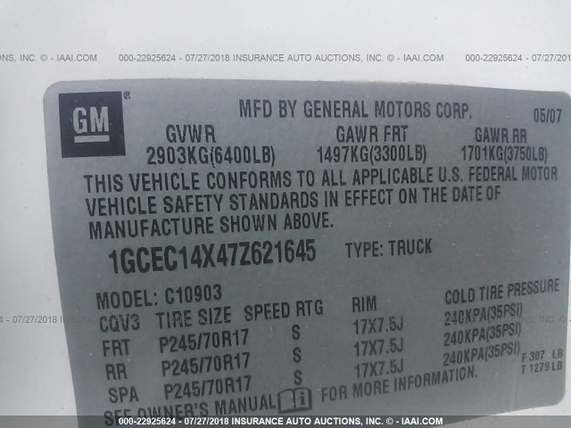 1GCEC14X47Z621645 - 2007 CHEVROLET SILVERADO C1500 CLASSIC WHITE photo 9